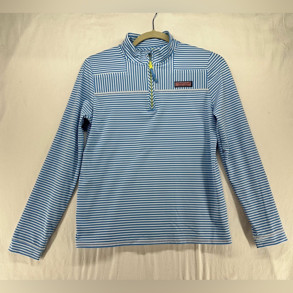 Vineyard Vines Kids Sankaty Shirt Blue White Striped 1/4 Zip Long Sleeve Size L